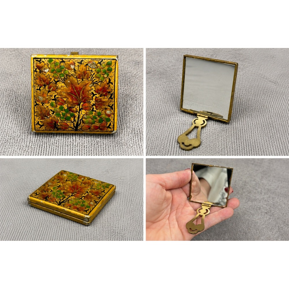 Vtg Folding Vanity Mirror Autumn‎ Leaves Hand Painted Brass Travel Makeup Mirror